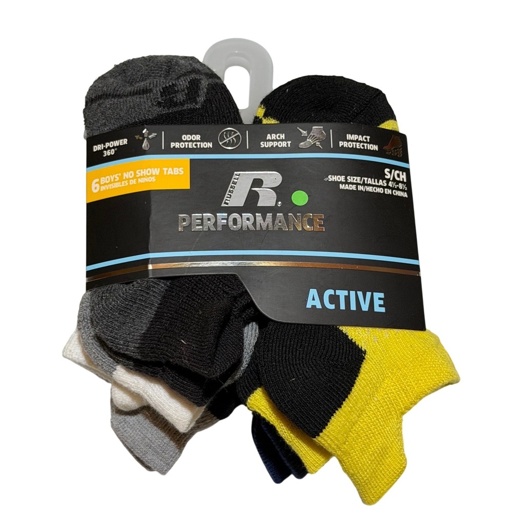 Russell Performance No Show Socks Multicolor Active‎ Arch Support S 4.5-8.5 Boy